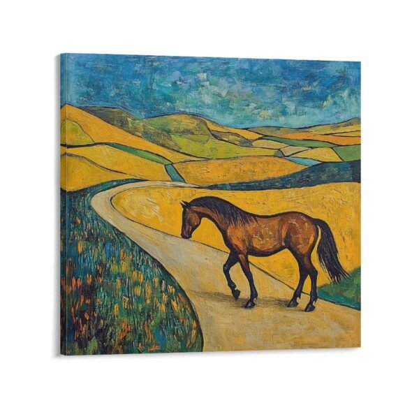 A horse is walking on the road