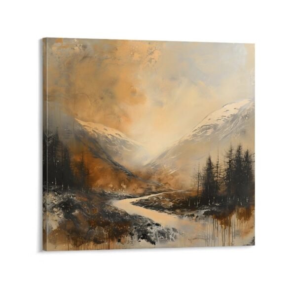 an abstract painting of mountains trees and snow